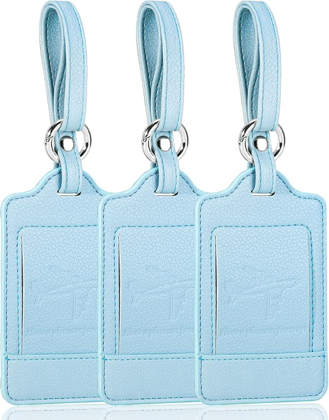 Teskyer Luggage Tags, 3 Pack Premium PU Leather Luggage Tags for Suitcases, Privacy Protection Travel Bag Tags, Lichee Cyan