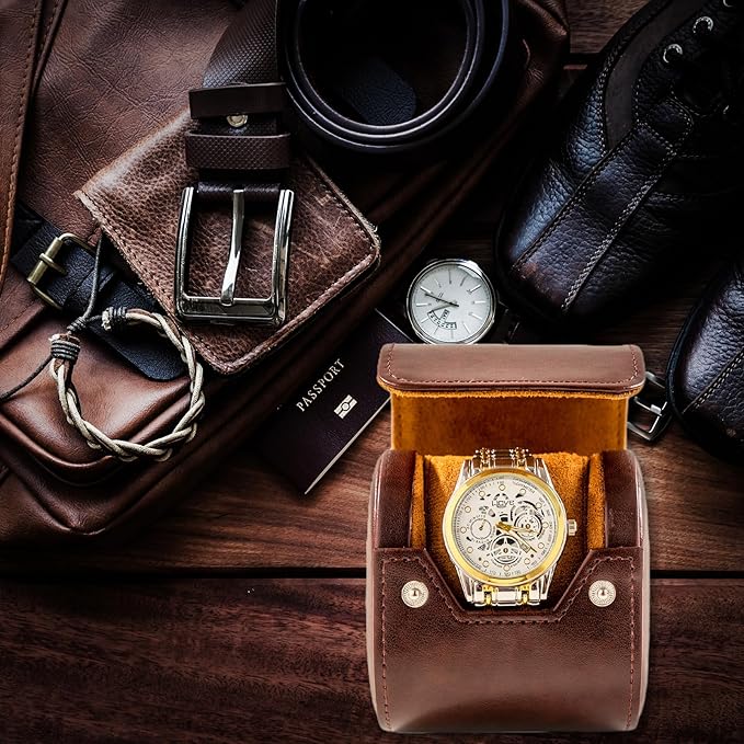 MR.OKAY Single Watch Travel Case- Classic Leather Watch Case With Perfect Texture.Portable Watch Roll Or Organizer For Storage And Display. Luxury Gifts For Men, All Handmade by Artisans.