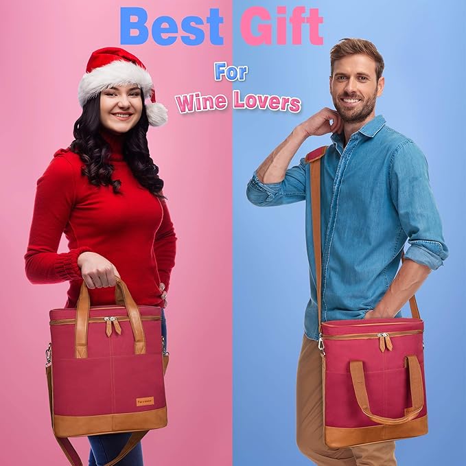 Tirrinia Insulated Wine Gift carrier - 3 Bottle Travel Padded Wine Carry Cooler Tote Bag with Handle and Adjustable Shoulder Strap, Red