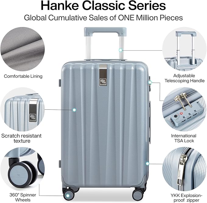 Hanke Luggage Sets 3 piece Carry On Luggage with Wheels PC Hard Shell Suitcases Lightweight Checked Travel Luggage Large Travel Suitcase Woman Men 20/24/29 Inch(Grey)