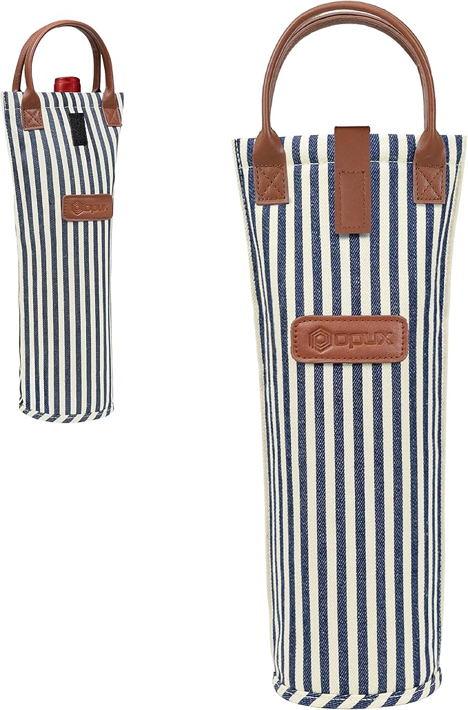 opux Wine Bag Single Bottle Carrier Tote, Insulated Travel Wine Cooler Bag for Picnic Beach Gift, Thermal Padded Portable One Bottle Holder Carrying Case for Women Men Wine Lovers, Navy White Stripes