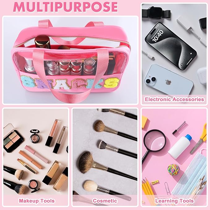 Snack Bag for Travel - Chenille Letter Clear Makeup Bag, Large Preppy Patch Snack Cosmetic Bag with Handle and Zipper, Cute Makeup Pouch Nylon&PVC Waterproof Toiletry Organizer Storage for Women Girls