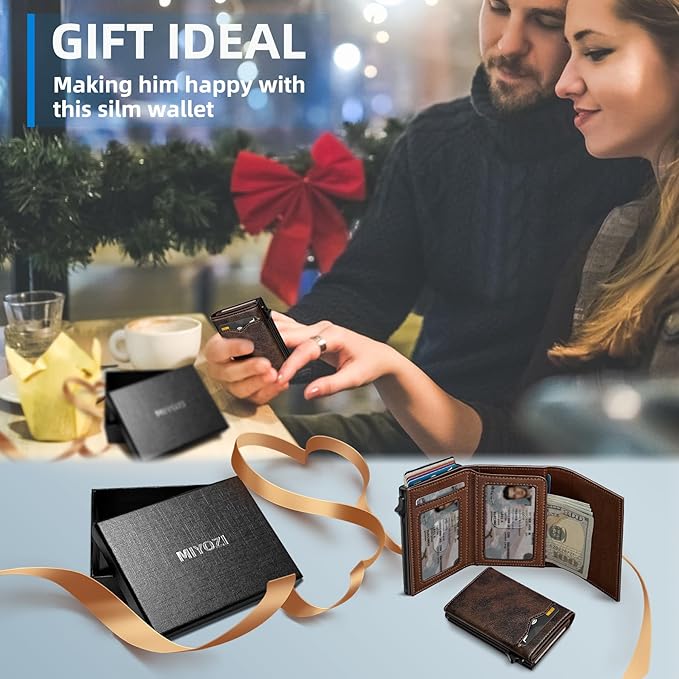 Wallet for Men,with Cash Pocket 2 ID Window 9-13 Cards,Metal Case Smart Slim Pop Up Credit Card Holder Flip with Magnetic Closure RFID Blocking Trifold wallet with Gift Box