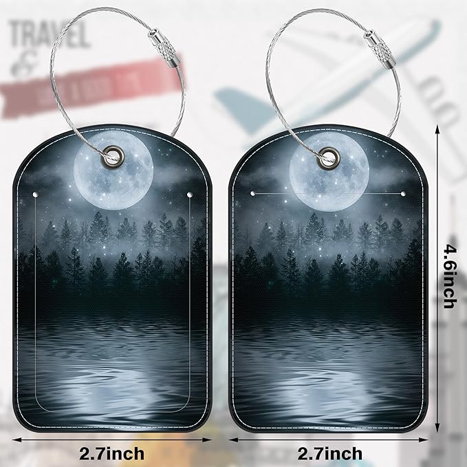 2 PCS Leather Luggage Tag for Suitcase Forest Moonlight Reflection in Water Travel Suitcase Labels with Privacy Name ID Label and Stainless Steel Loop for Adults Teens Travel Bag Labels Set