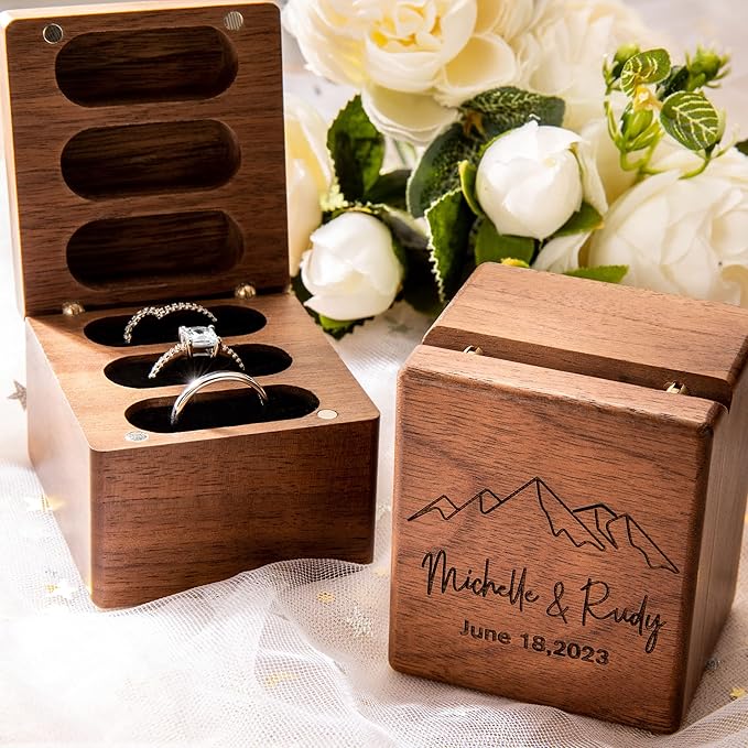 Custom Engraving Ring Gift Box Wooden Presentation Jewelry Box Case with 3 Ring Slots for Proposal Engagement Wedding Ceremony Birthday Gift