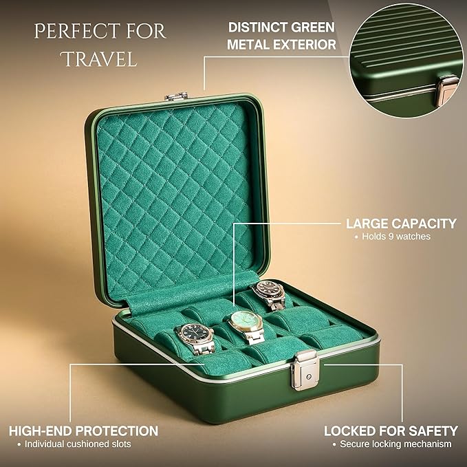 Bey-Berk Prague Aluminum Watch Case in Hunter Green – 9-Slot Locking Travel Box with Soft Interior for Watch Storage