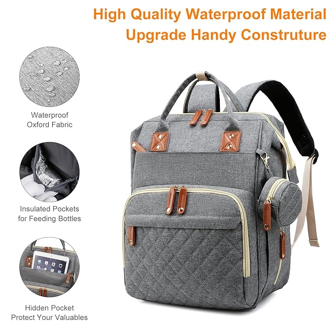 Diaper Bag, Backpack with Changing Station, Waterproof Baby Bag for Boys & Girls, USB Charging Port for Parents, Travel Backpack Baby Essentials & Lovely Baby Shower Gifts, Grey