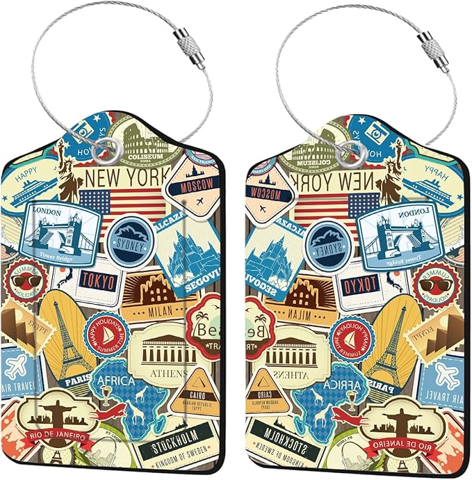 2 Pcs Leather Luggage Tags for Suitcases, Funny Suitcase Tags for Luggage, Privacy Cover ID Label with Stainless Steel Loop & Address Card, Travel Bag Suitcase Tags for Luggage Accessories Women Men