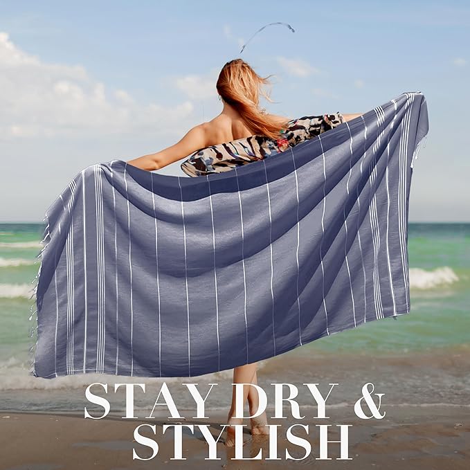 Turkish Beach Towel - 40x71 Inch Oversized Sand Resistant Prewashed Cotton Towel - Quick Drying, Compact, Lightweight for Beach, Bath, Pool, Gym, Yoga