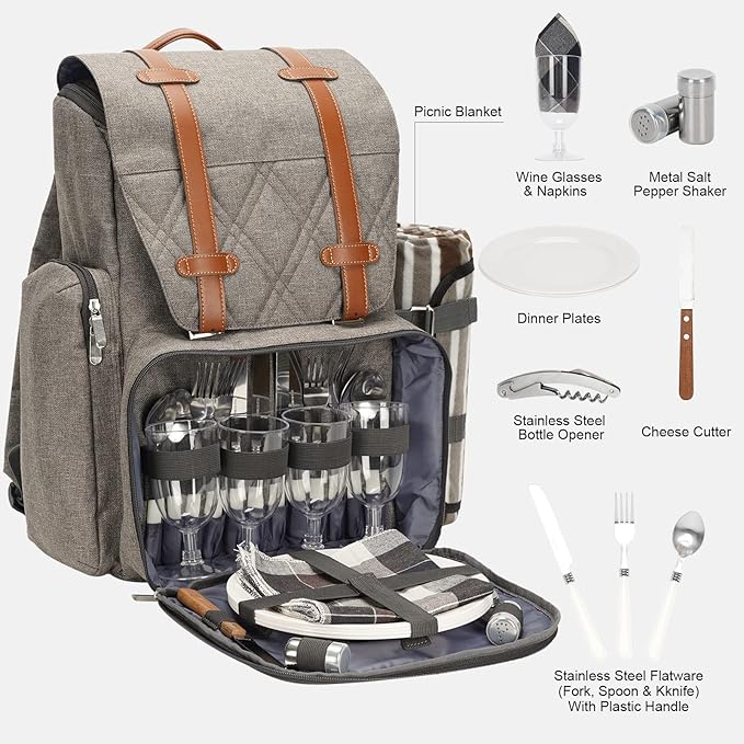 Picnic Backpack for 4 Person with Large Insulated Cooler Bag, Picnic Basket Set with Wine Pouch,Waterproof Picnic Blanket & Cutlery Set. Perfect for Beach, Camping, Party,Wedding Gift for Couple,Brush