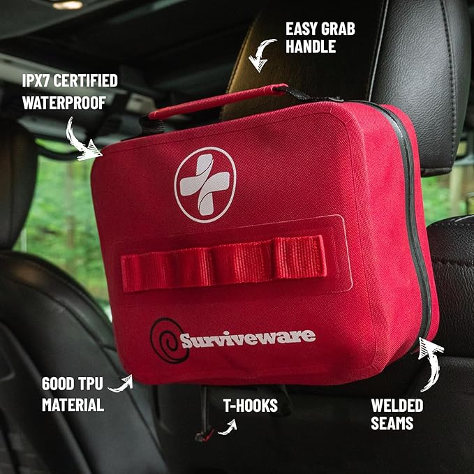 Surviveware Waterproof Premium Survival First Aid Kit - Survival Emergency Preparedness for Travel Camping Gear, Survival Kit and Outdoor Emergencies - Survival Kit - FSA, HSA Eligible 184 Pcs