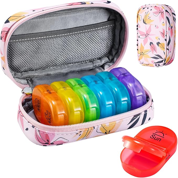 Serfeymi Weekly Travel Pill Organizer 2 Times A Day AM PM Upgraded Rainbow Pill Box 7 Day with Portable Zipper PU Leather Pill Case, Medicine Organizer for Pills, Vitamins, Fish Oils - Pink 03