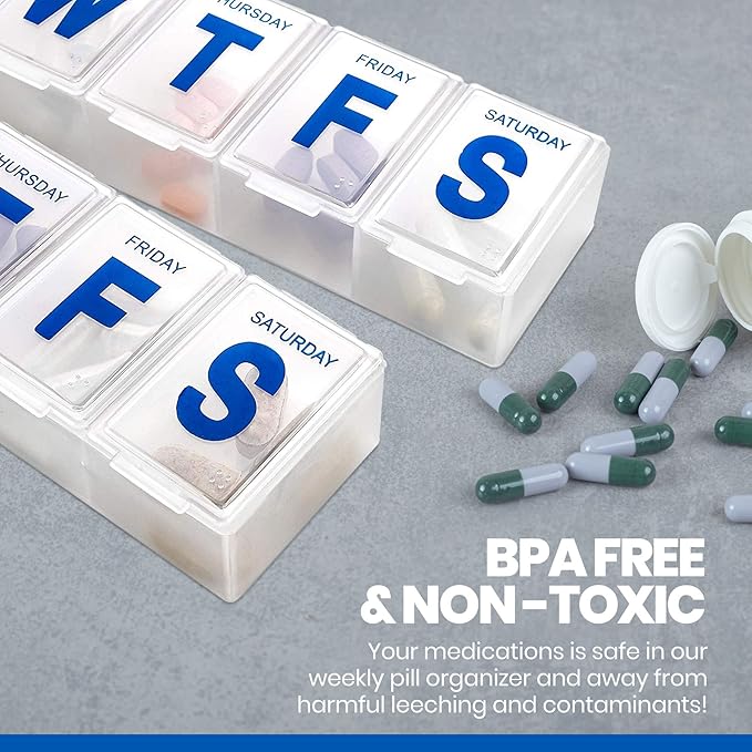 Weekly Pill Organizer - (Pack of 2) Extra Large Vitamin Container with Jumbo Easy to Read Letters, BPA Free - Daily Travel 7 Day Medication Pill Box Case
