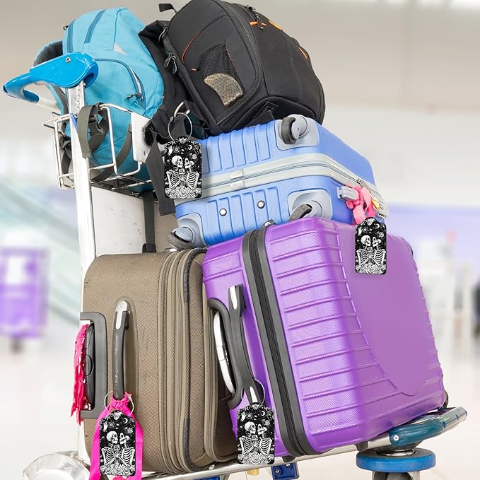 2Pack Luggage Tags for Suitcases, Cute Unique Pu Leather Cruise Luggage Tag with Privacy Cover ID Label Address Card and Metal Ring Suitable for Women Men Kids Travel Bag Skeletons and Flowers