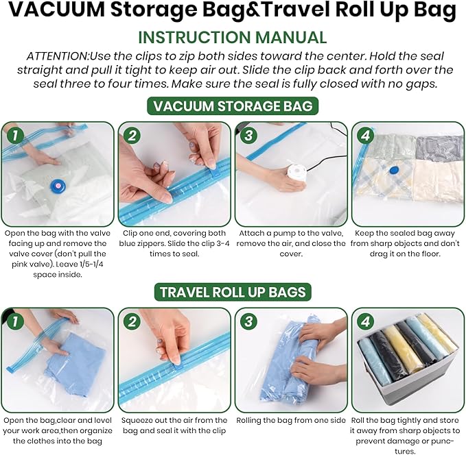 Vacuum Storage Bags,20Pack Vacuum Seal Bags for Clothing,Travel,Clothes,Comforters,Blankets,Pillows-4 Jumbo+4 Large+4 Medium+4 Small+4 Roll Up Space Saving Bag Hand Pump Inclued