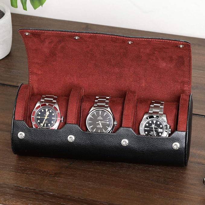 ROTHWELL Watch Roll Travel Case for 3 Watches | Tough Portable Protection, Fits All Wrist Watch & Smart Watches Up to 50mm (Black/Red)