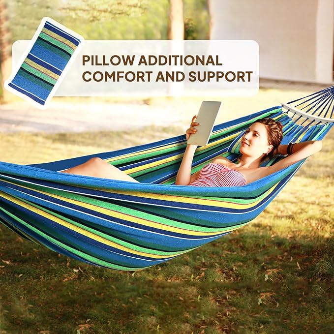 Chihee Cotton Hammock Large Soft Breathable Camping Hammock Holds Up to 660lbs Portable Tree Hammock with Detachable Spreader Bar Pillow 2 Strong Webbings 2 Carabiners Patio Garden Indoor Outdoor