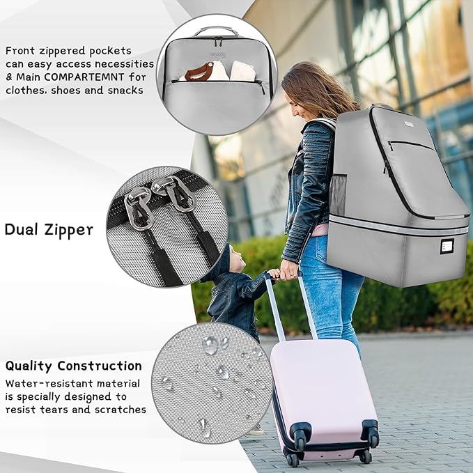 Car Seat Travel Bag,Padded Car Seats Backpack with Steel Cable Handle and Reflective Stripes, Large Durable Carseat Carrier Bag,Airport Gate Check Bag,Infant Seat Travel Bag with Shoulder Strap,Grey