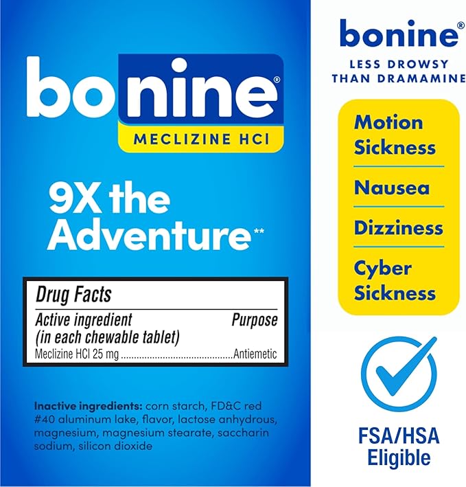 Bonine Non-Drowsy for Motion Sickness Relief, Sea Sickness, Car Sickness, Nausea, & Vomiting - Meclizine HCI 25mg, Travel-Sized - 16ct Raspberry Chewable Tablets (Packaging May Vary)