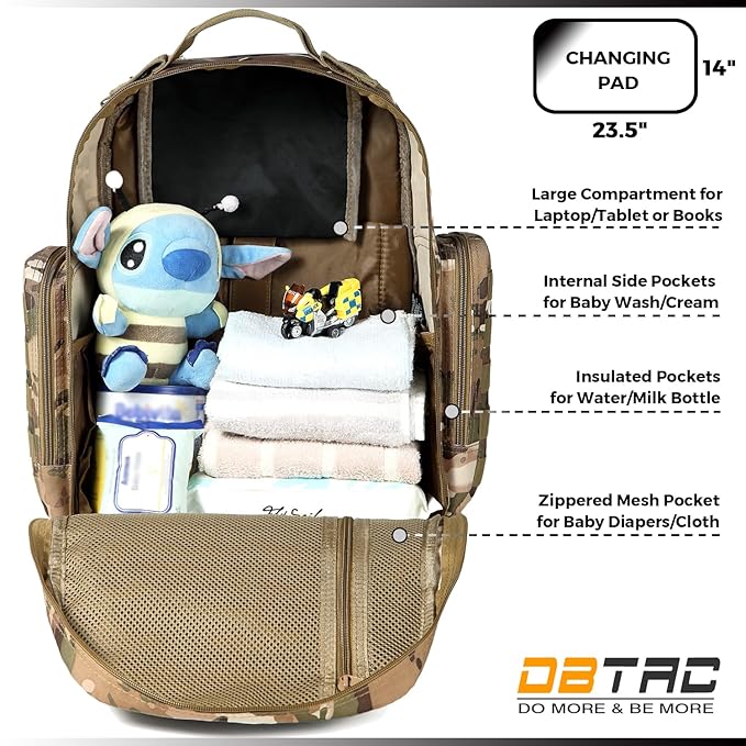 Diaper Bag Backpack for Dad, DBTAC Large Baby Nappy Bag for Men w/Changing Mat, Insulated+Wipe Pockets, Stroller Straps, CP Camo