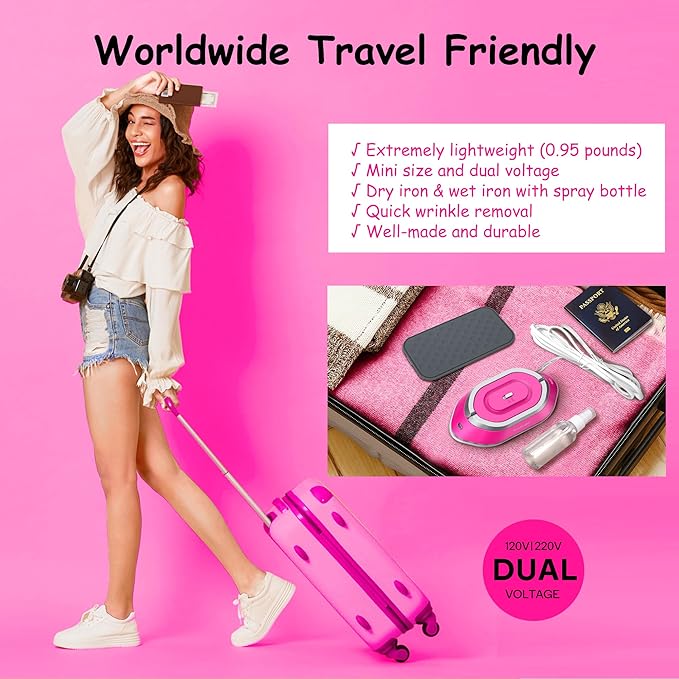 Newbealer Travel Iron with Dual Voltage - 120V/220V Lightweight Dry Iron for Clothes (No Steam), Non-Stick Ceramic Soleplate, 302℉ Heat Press Machine, w/Spray Bottle, Pouch & Silicone Stand (Hotpink)