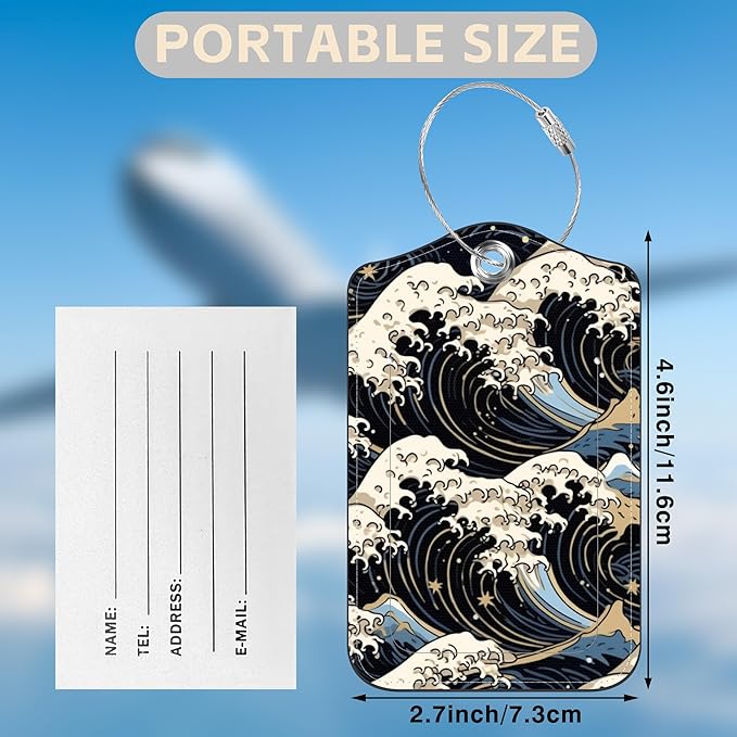 Japanese Art Blue and White Waves Set of 2 Luggage Tags for Suitcases Leather Suitcase Tags Identifiers with Privacy Name Label and Stainless Steel Loop for Women Men Travel Luggage Accessories