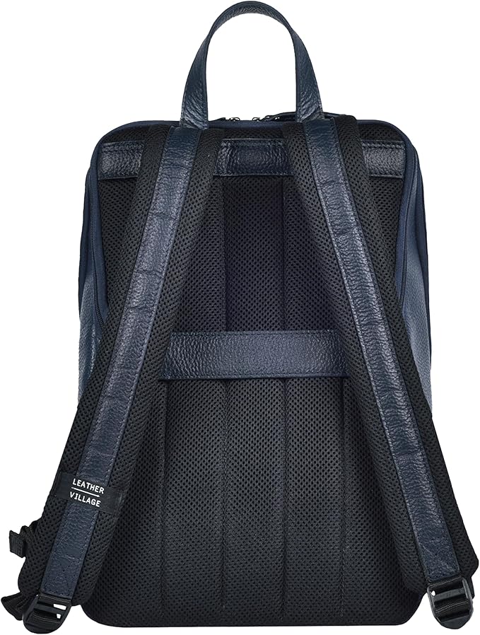 LEATHER VILLAGE Leather Laptop Backpack for Men |Blue | Slim Professional Business Bag Fits 15.6”-Laptop | Water-Repellent Work & Travel Daypack with Trolley Strap