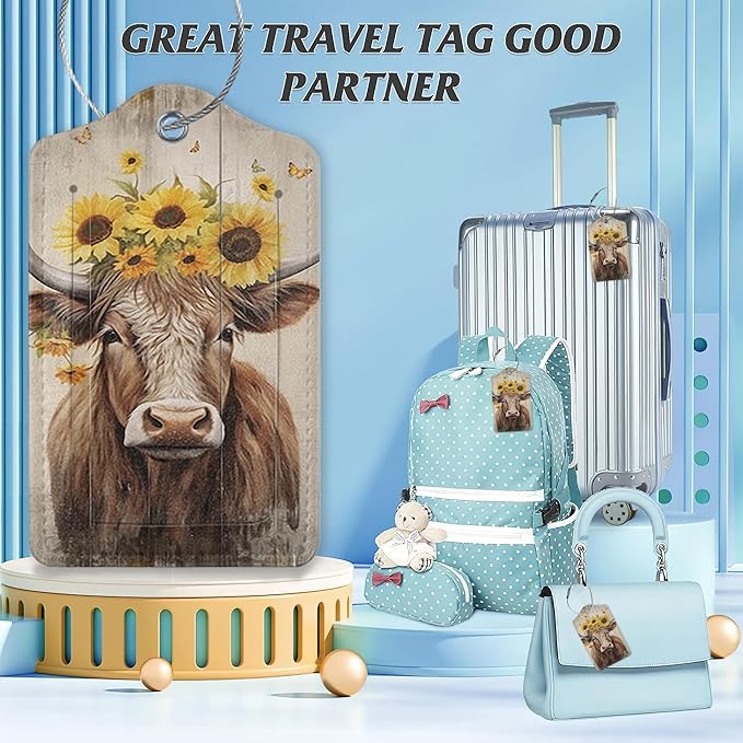 3 Pack Luggage Tag for Suitcase,Highland Cow Leather Luggage Tags with Privacy Cover Name ID Label Identifiers Travel Bag Tags for Women Men Boys Girls
