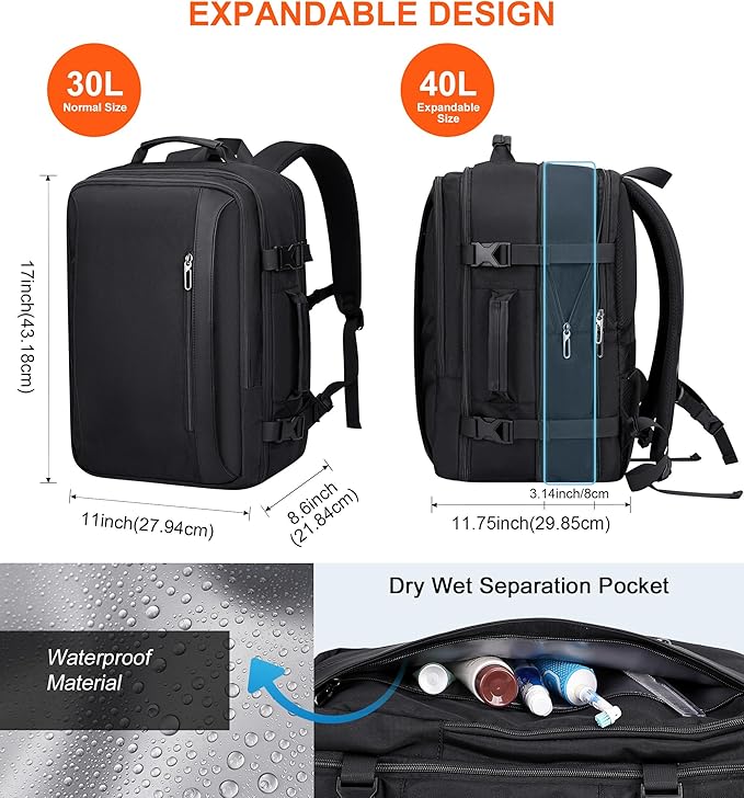 PIJUSHI Travel Backpack for Women Men Expandable Carry on Luggage Backpack Airline Approved Personal Item Laptop Bag(PE034 Black)