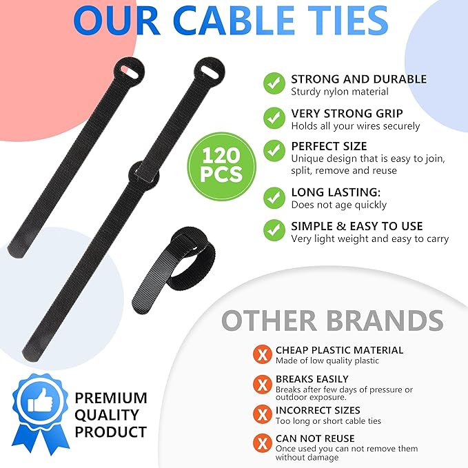 120 x Reusable Cable Ties Black, Adjustable Releasable Hook and Loop Cable Straps for PC Cable Management, Organizing Cords, TV, Desk