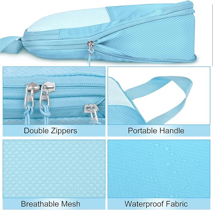 8 Set Compression Packing Cubes Travel, Lightweight Expandable Travel Cubes Suitcase Organizer for Carry On Luggage Suitcase, Light Blue