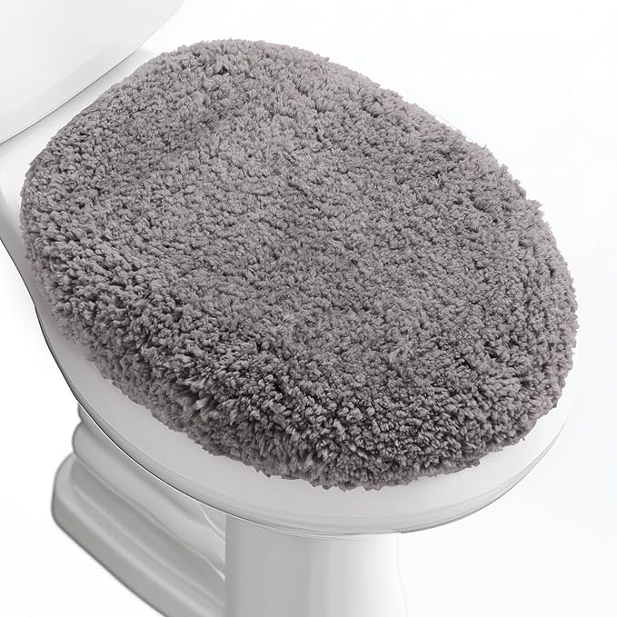 Microfiber Elongated Toilet Seat Cover 19.5"x 15" Machine Washable Solid Toilet Lid Cover Adjustable Rubber Backing Fits Most 18-19.5" L x 14-16" W Elongated Toilet Seat