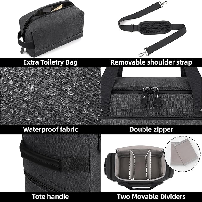 ZOMFELT Duffle Bag for travel, 40L Canvas Travel Duffel Bags for Men Women, Water Resistant Overnight Weekender Bag with Toiletry Bag & Shoe Compartment, Carry on Luggage Bag for Travel, Gym, Black