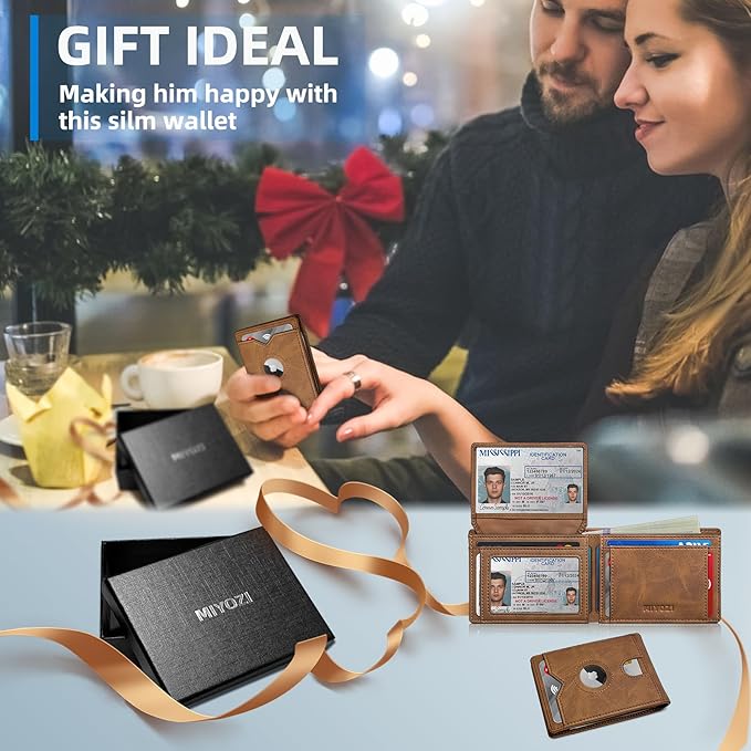 Airtag Wallet for Men,with Cash Pocket 2 ID Window 13 Cards,Slim Leather Wallet Front Pocket Card Holder RFID Blocking with Gift Box