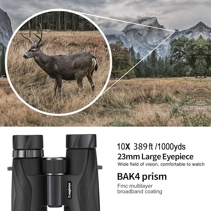 Ceagleeye10x42 Binoculars for Adults,Ipx7 Professional Waterproof and Anti-Fog with 23mm Large Eyepiece Bak4 Lens,Binoculars for Travel Bird Watching Hunting Sports Extra Bag,Strap,Phone Adapter,Black