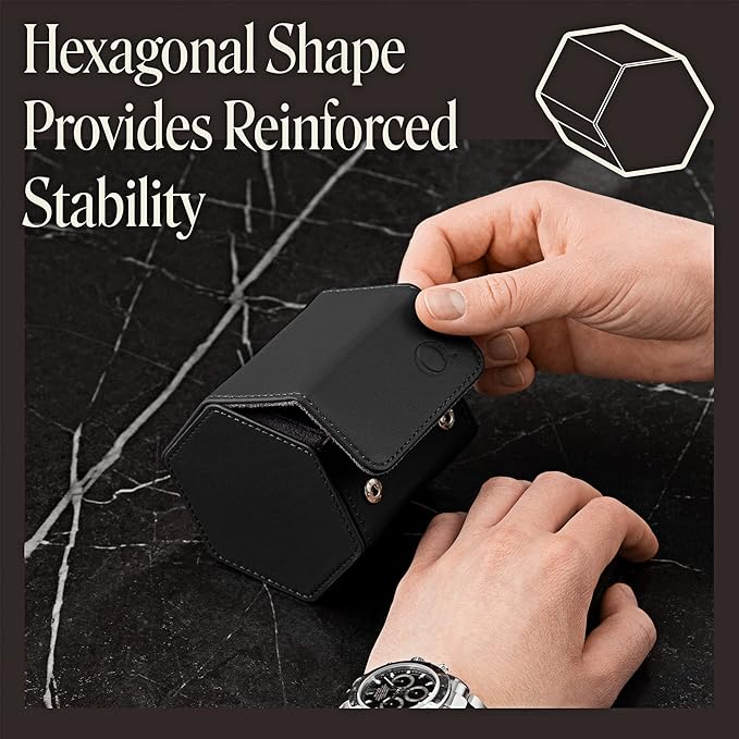 Single Leather Watch Case for Men - Hexagon Watch Roll Travel Case - Genuine Napa Leather with Luxury Velvet Interior - Storage & Display Holder for 1 Watch (Black/Charcoal)