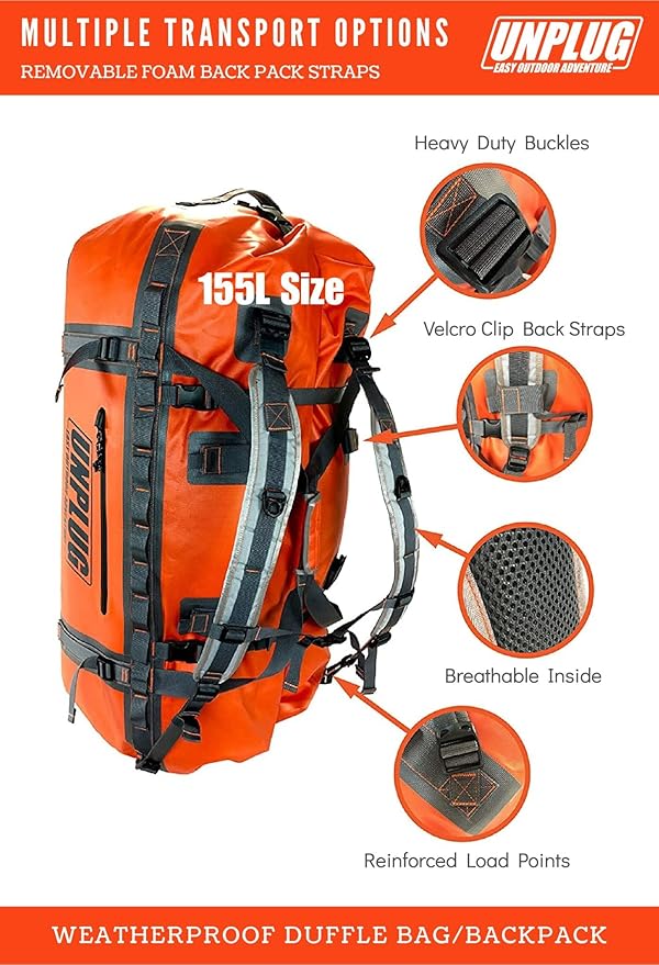UNPLUG Ultimate Adventure Bag | 1680D Heavy Duty Waterproof Bag | Large Travel Duffle Bag which can be Used for Camping, Motorcycling, Boating, or Hunting (155L Adventure Orange)