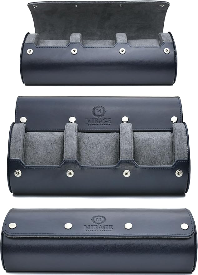 Watch Case Travel Organizer - Watch Roll Case - 3 Watch Case Display Storage - Watches Accessory Gift - Midnight Blue Vegan Leather