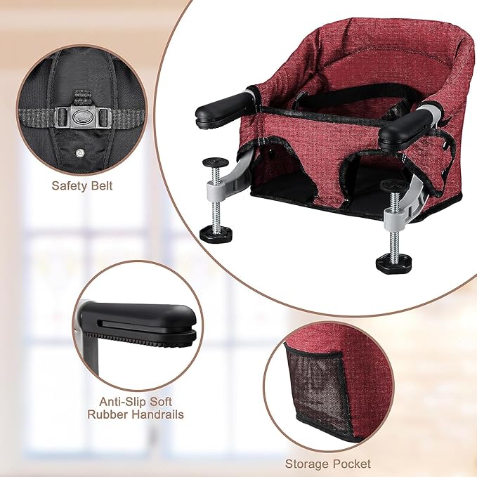 Hook On Chair,Clip on High Chair, Fold-Flat Storage Portable Baby Feeding Seat, High Load Design, Attach to Fast Table Chair Removable Seat for Home and Travel(Red)