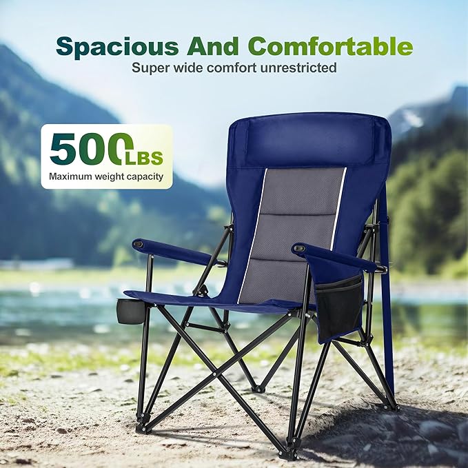 ALPHA CAMP Oversized Folding Camping Chairs High Backrest Heavy Duty Lawn Chairs for Adults Support 500 LBS Portable Camp Chairs with Cup Holders Large Side Pocket for Outdoor