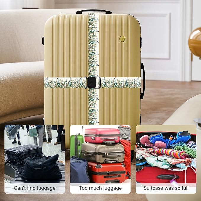 Luggage Straps for Suitcases, Travel Adjustable Belt with Quick Release Buckle, Heavy Duty Nylon Bag Packing Strap, Unique Bright Identifiers Business Travel Accessories (2 Pack) - White Flowers