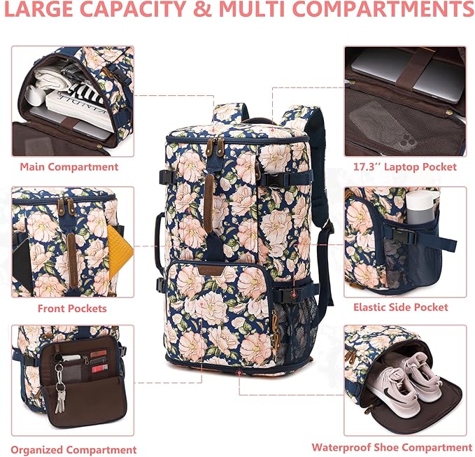 G-FAVOR Travel Backpack for Women, 40L Carry On Backpack Flight Approved Convertible Duffel Bag Backpack Fit for 17.3 Inch Laptop Bag, Floral