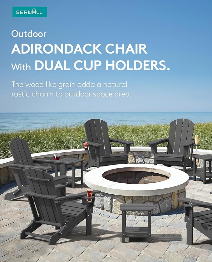 SERWALL Foldable Adirondack Chair Set of 4, HDPE Adirondack Chair with Wood-Texture-Gray