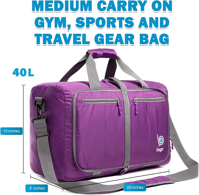 Bago Foldable Duffel Bags for Traveling Women & Men - 40L Sports Packable Duffle Bag for Travel with Shoe Compartment - Water Repellant, Heavy Duty, Lightweight Folding & Collapsible (Purple)