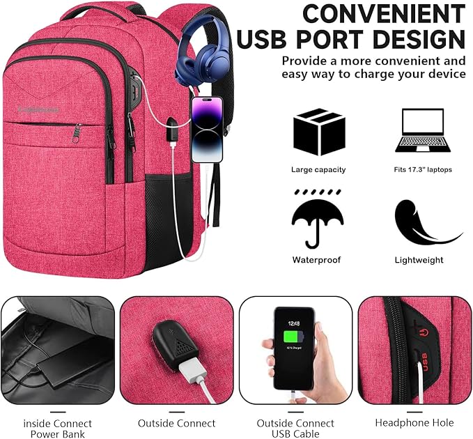 Lapsouno Travel Laptop Backpack, 15.6 Inch Travel Laptop Backpack, Water Resistant Casual Hiking Daypack, Computer Bag with USB Port, College School Business Backpack for Women, Pink