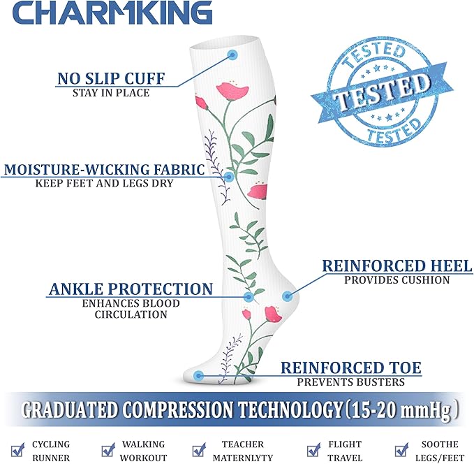 CHARMKING Compression Socks for Women & Men Circulation (3 Pairs) 15-20 mmHg is Best Support for Athletic Running Cycling
