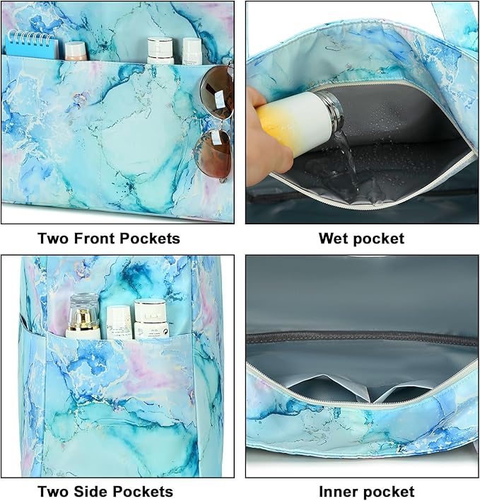 LEDAOU Beach Bag Waterproof Sandproof Women Tote Bag Pool Bag with Zipper for Gym Grocery Travel with Wet Pocket