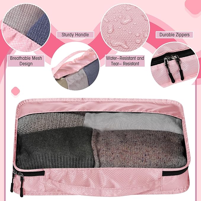 5 Pcs Packing Cubes for Suitcase Large Travel Cubes Carry on Luggage Organizer Bags for Clothes Accessories(S,Pink)