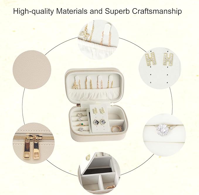 Travel Jewelry Case Bulk Of 4 For Women Weekend Trips, Gold Zip PU Leather Compact Jewelry Organizer For Earring Bracelets Beige Travel Jewelry Box Set Perfect For Small Bridesmaid Jewelry Box Gift