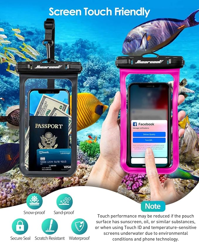 Hiearcool Waterproof Phone Pouch,Underwater Phone Cases Compatible for iPhone 16 15 14 13 Pro Max,Waterproof Dry Bag for Cruise Travel Essentials Phone Water Protector Pouch-Black&Bright Red-2Pack